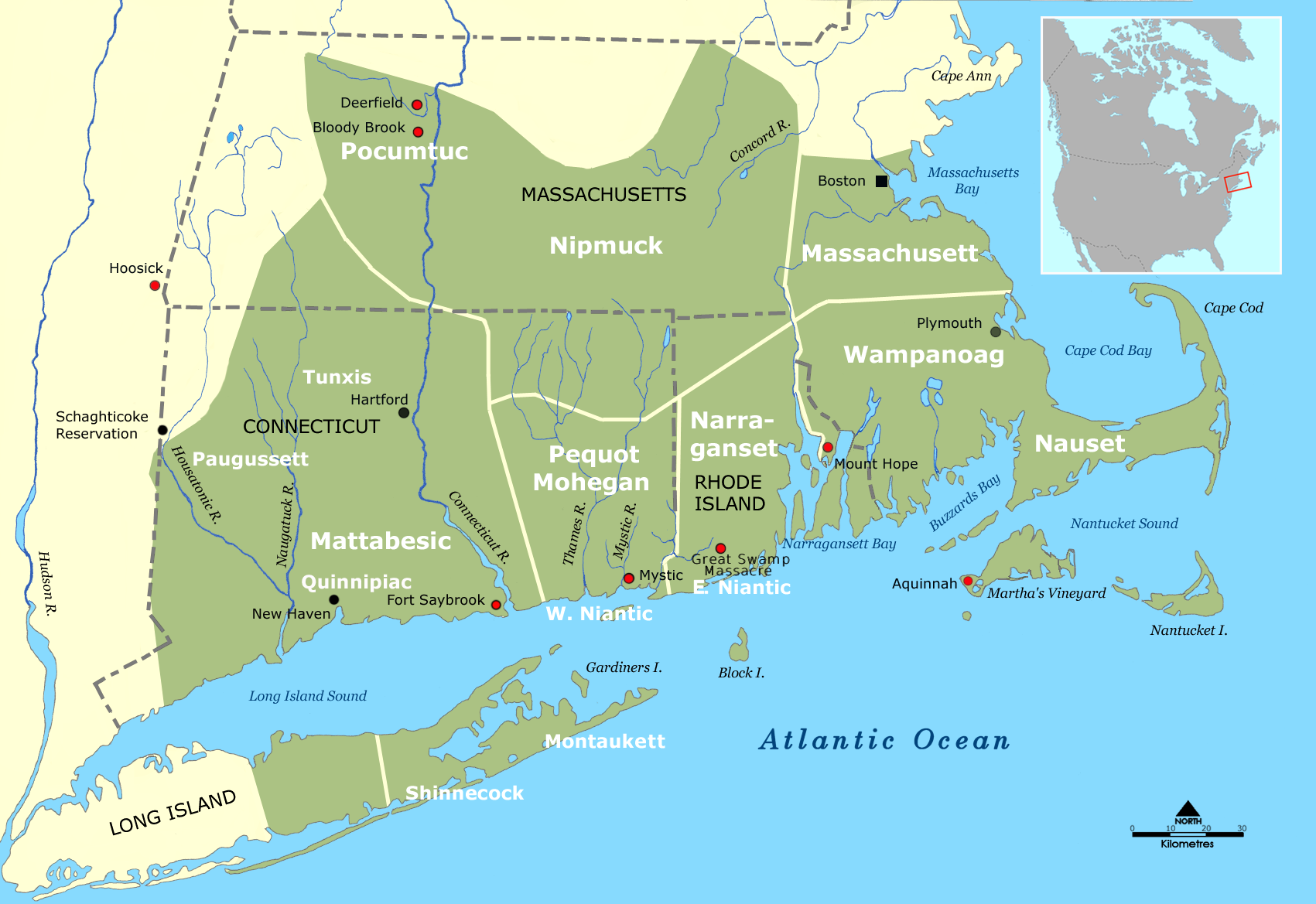 Tribal territories of Southern New England tribes, circa 1600